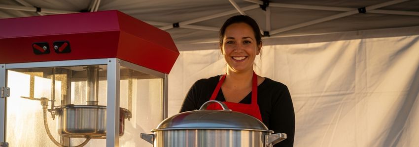 Kettle corn vendor standing behind a commercial kettle corn popping machine at an outdoor market