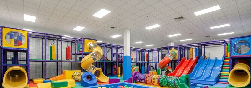 Indoor kids activity center commercial space with colorful play equipment and slides