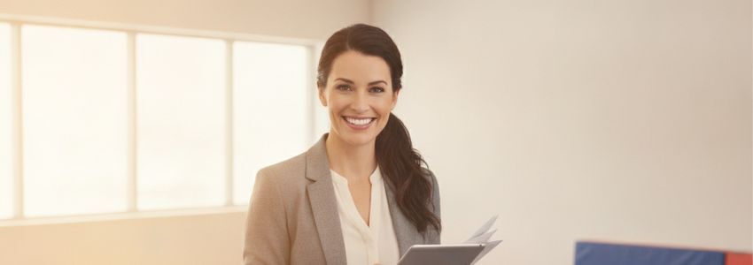 Kids gym business owner reviewing financing options at modern office desk