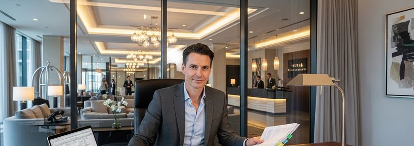 Kimpton Hotels franchise owner reviewing financing documents in a hotel office