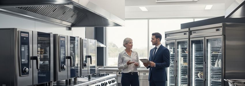 Restaurant equipment specialist reviewing kitchen financing options with a business owner in a commercial kitchen showroom