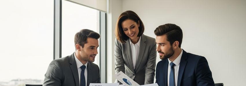 Business professionals reviewing Kumon franchise loan documents in a modern office