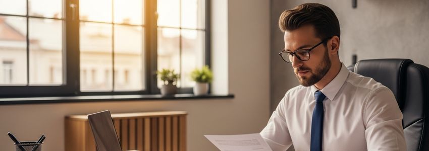 Business owner reviewing L3C formation documents at a modern office desk