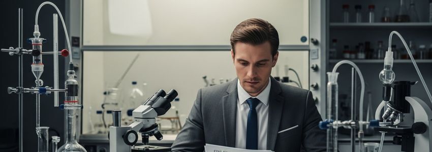 Business professional reviewing lab equipment financing documents in a laboratory setting