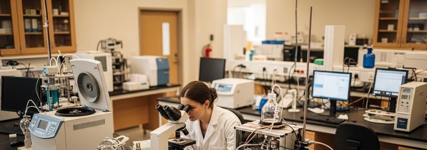 Lab scientist using microscope with analytical instruments in a research laboratory