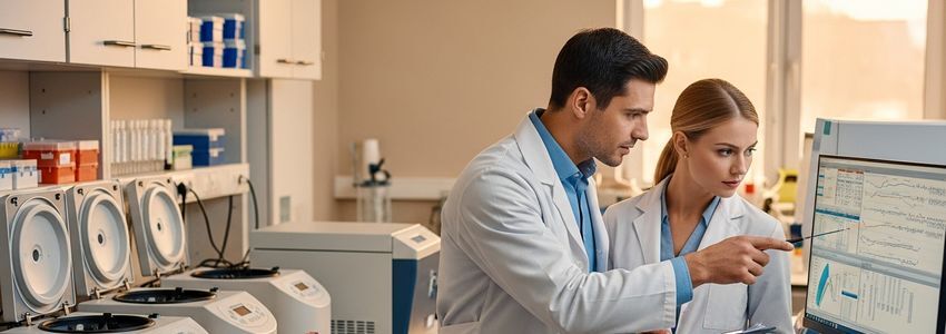 Lab testing professionals reviewing financing options at a clinical laboratory