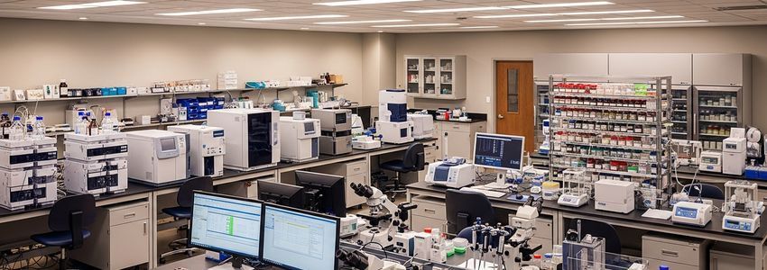 Business owner reviewing lab equipment financing documents at a modern manufacturing facility
