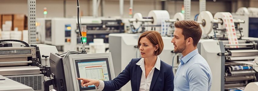 Label manufacturing business owner reviewing financing options with a lending advisor in a commercial printing facility