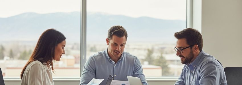 Small business professionals in Lakewood Colorado reviewing loan documents with mountain views