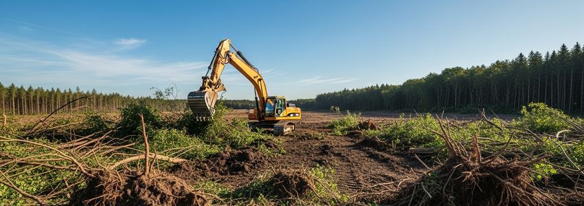 Excavator performing land clearing site preparation on a wooded construction site