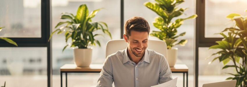 Small business owner reviewing landscaping business financing documents at a desk