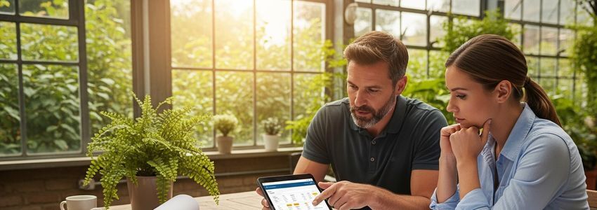 Landscape design business professionals reviewing financing options for software and equipment