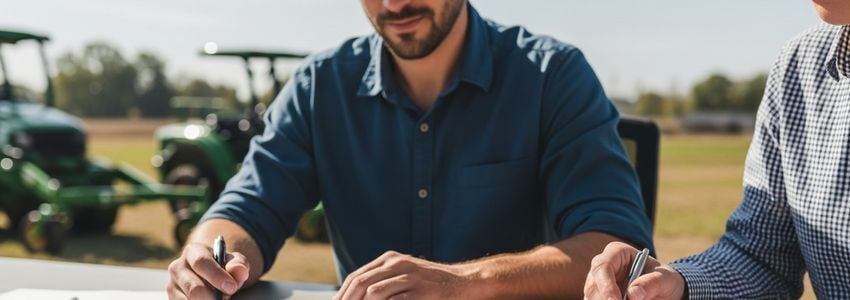 Landscaping business owner reviewing financing documents and equipment loan options at a commercial job site