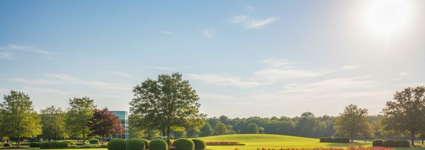 Professional commercial landscaping property with manicured lawns, trimmed hedges, and colorful flower beds representing a thriving landscaping business