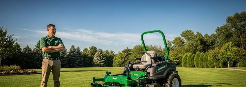 Landscaping business owner reviewing equipment financing options at a dealership