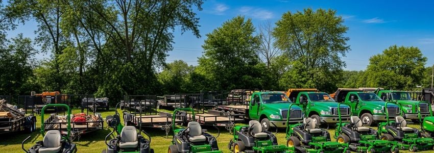 A fleet of commercial landscaping equipment including zero-turn mowers, trucks, and trailers parked at a professional landscaping company