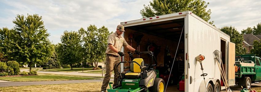 Landscaping business owner loading equipment onto a trailer at a job site