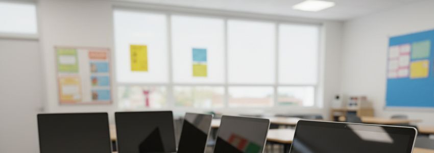 Students using laptops and tablets in a private school classroom setting