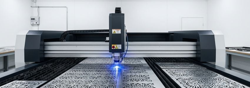 Commercial fiber laser cutter precisely cutting patterns into metal sheet in a modern fabrication facility