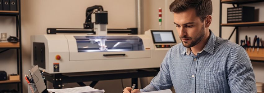 laser engraving business owner reviewing financing options at workshop desk