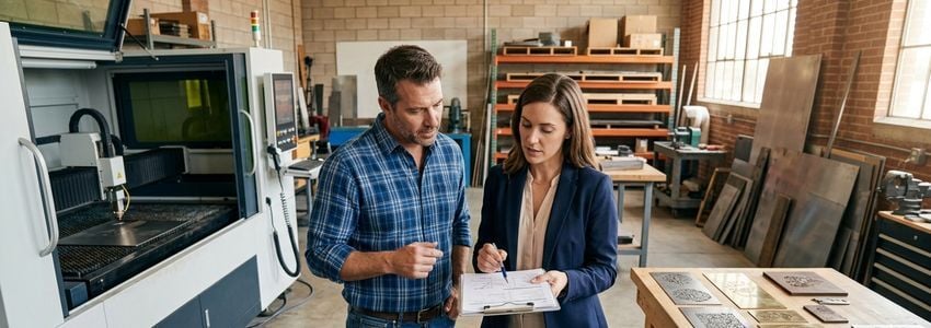 Small business owner reviewing laser engraving equipment financing paperwork with an advisor in front of an industrial laser engraver