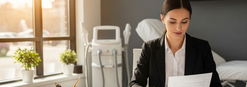 Laser hair removal business owner reviewing financing options at a professional clinic desk
