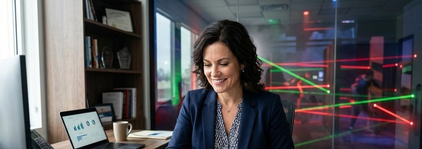 Entertainment venue owner reviewing laser maze equipment financing options at a modern office desk