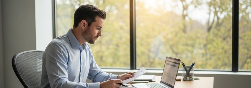 Laser tag business owner reviewing financing options at office desk