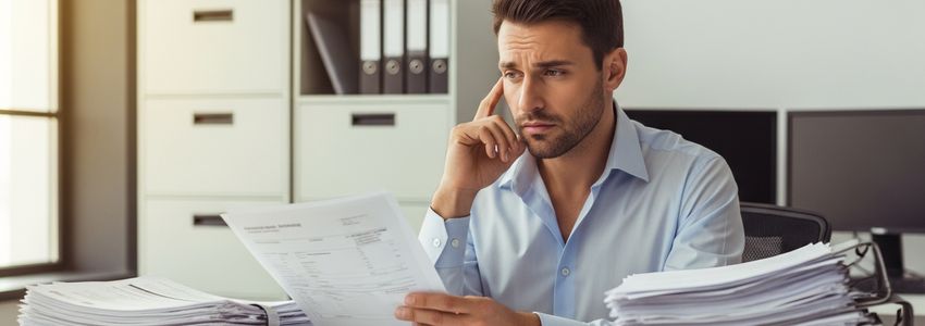 Business manager reviewing overdue invoices and late payment documents at office desk