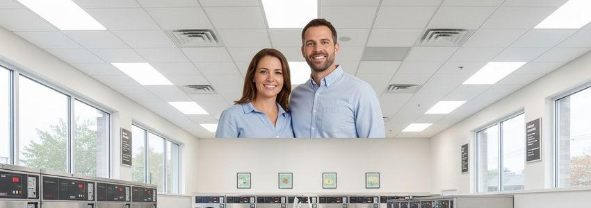 Laundromat franchise owners reviewing financing options with Crestmont Capital