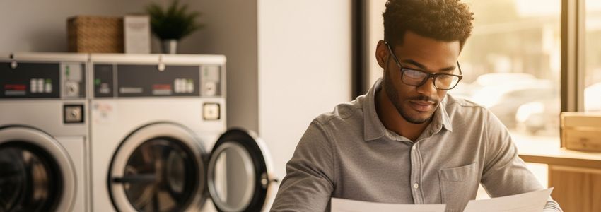 Laundry business owner reviewing financing options at a laundromat