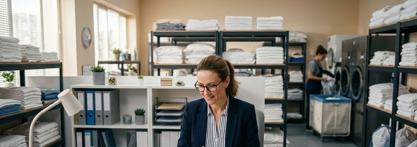 Mobile laundry business owner reviewing financing documents in a commercial laundry facility