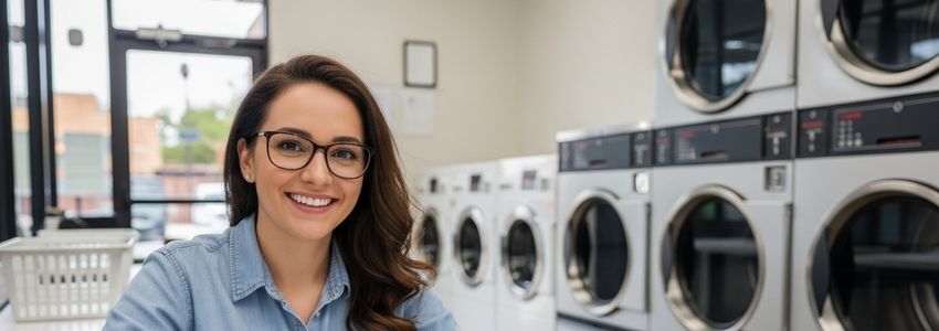 Commercial laundry equipment in a modern laundromat facility with rows of washers and dryers