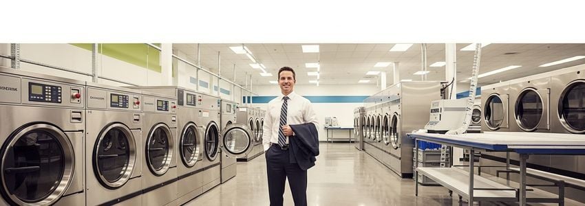 Business owner reviewing laundry equipment financing options at a commercial laundry facility