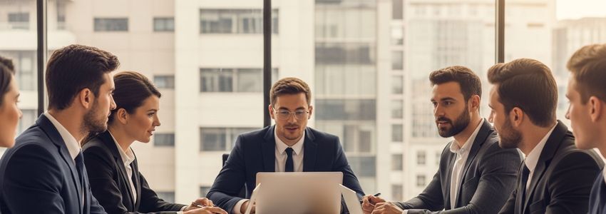 Attorneys collaborating at a law firm conference table reviewing financing options