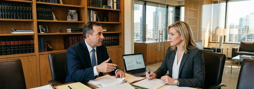 Law firm attorney reviewing financing documents at a modern office