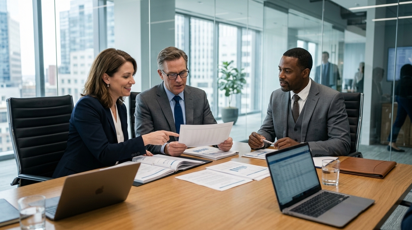Two attorneys reviewing law firm financing documents with a lender at a conference table in a modern office