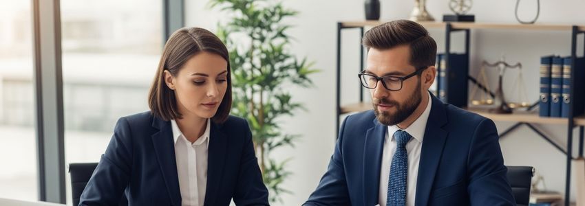 Law firm attorney reviewing financing documents at a modern office desk