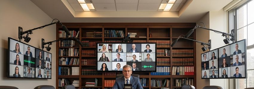 Law firm attorney conducting remote deposition via professional video conferencing setup in a dedicated conference room