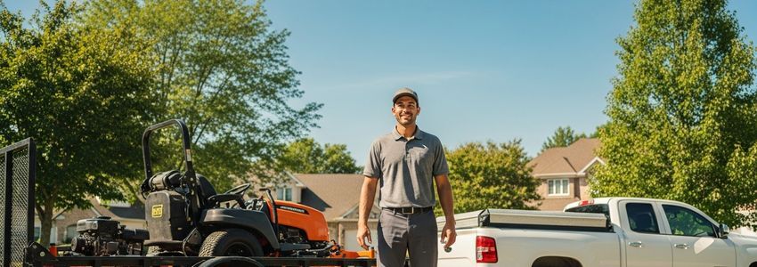 Lawn care franchise owner standing confidently in front of commercial mowing equipment and trailer in a suburban neighborhood