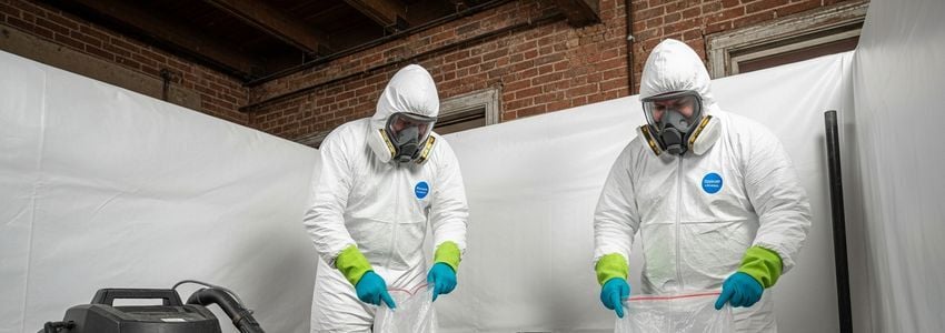 Lead abatement crew in protective equipment working on commercial building