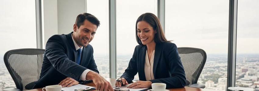 Business professionals reviewing equipment lease buyout options and financing documents in a conference room