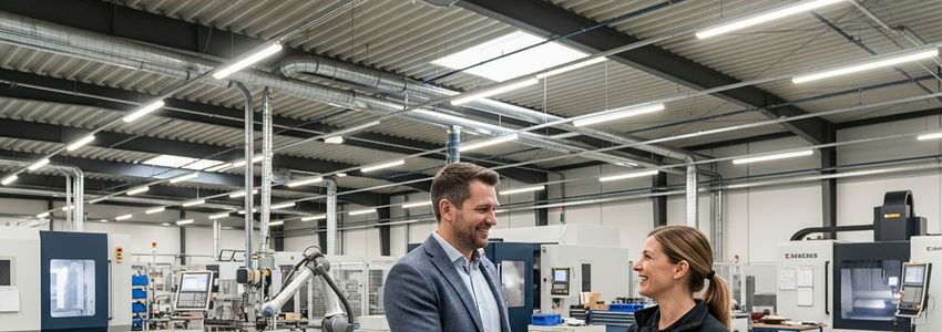 Business owners discussing lease-to-own equipment financing options in a manufacturing facility