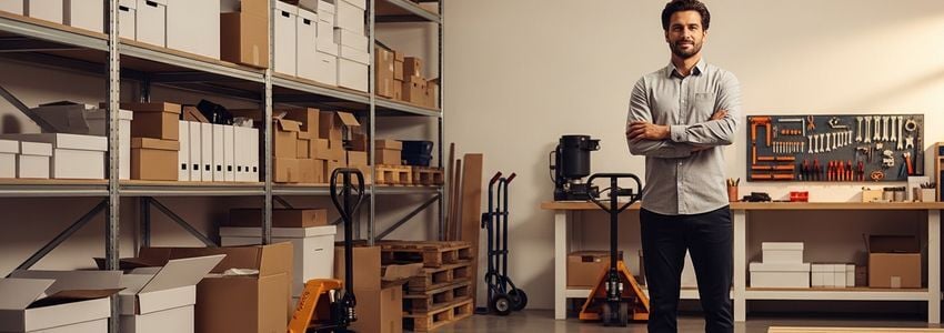 Business owner evaluating equipment in a warehouse for lease vs. buy decision