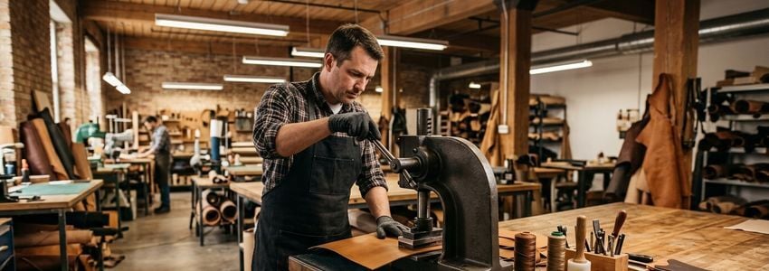Leather goods manufacturer operating an industrial sewing machine in a workshop