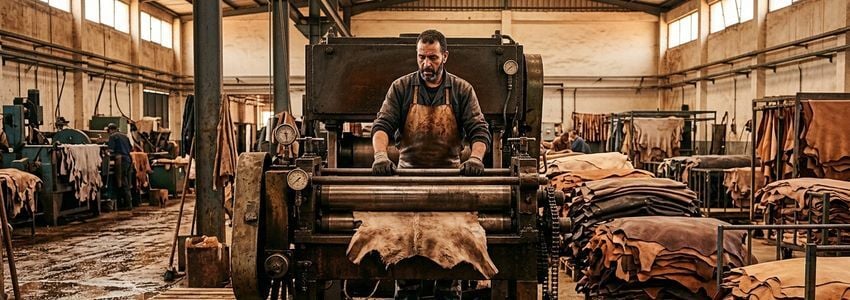 Tannery worker operating industrial leather processing equipment in a commercial tanning facility