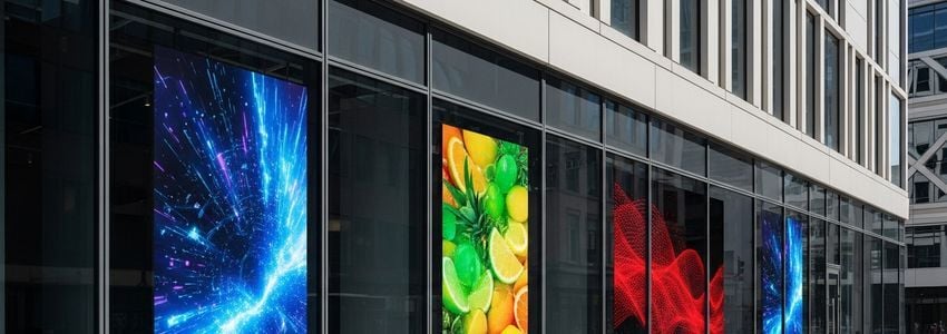 Professional business owner reviewing LED window display leasing options for retail storefront