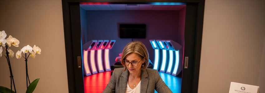 Business professional reviewing LED light therapy equipment financing options at a spa