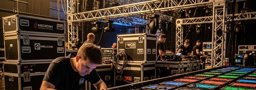 LED wall technician configuring concert production visual system
