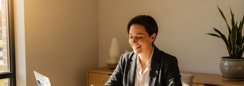 Legal document preparation business owner reviewing financing options at office desk